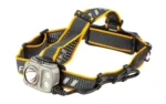 Fenix HP25R V2 black headlamp, front view with twin lights, yellow trim and rear battery pack