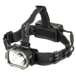 Fenix HP35R black headlamp, front three-quarter view with wide lamp, top strap and rear cable