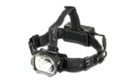 Fenix HP35R black headlamp, front three-quarter view with wide lamp, top strap and rear cable