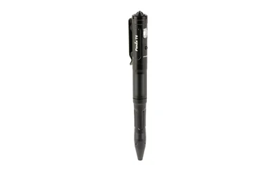 Fenix T6 black tactical penlight, upright side view with pocket clip and pointed tip