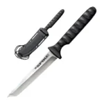 Cold Steel Tanto Spike knife and sheath, angled view with silver blade and black wrapped handle