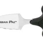 Cold Steel Urban Pal silver push dagger, side view with black textured T-handle and serrated blade