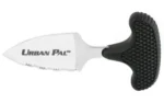 Cold Steel Urban Pal silver push dagger, side view with black textured T-handle and serrated blade