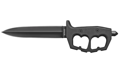 primary-10443 Cold Steel Chaos Double Edge black knife, side view with knuckle guard and pointed pommel