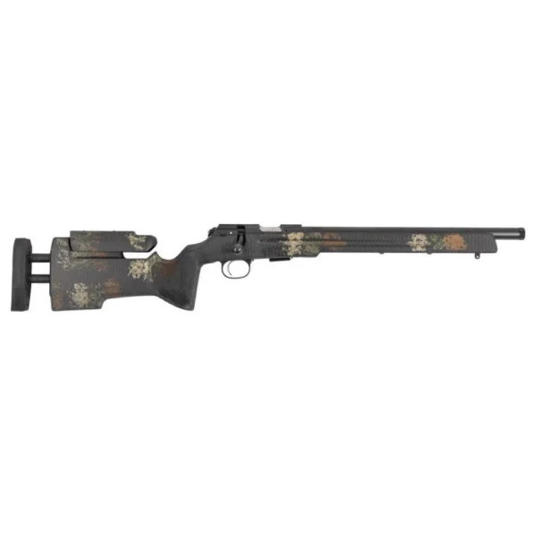 CZ-USA 457 Varmint Trainer MTR2 Rifle, camo side view with black stock and short barrel
