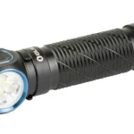 Olight Perun 3 black right-angle flashlight in side view with textured body and blue-trimmed lens