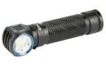 Olight Perun 3 black right-angle flashlight in side view with textured body and blue-trimmed lens
