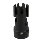 STRIKE CHECK MATE COMP 223 1/2X28 black compensator, angled front view with vented prongs