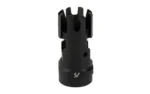 STRIKE CHECK MATE COMP 223 1/2X28 black compensator, angled front view with vented prongs