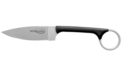 primary-10518 Cold Steel Bird & Game knife, right-side view with plain silver blade, black handle and finger ring
