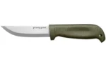 Cold Steel Finn Hawk with plain silver blade and green handle, right-side view