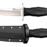Cold Steel Mini Leatherneck Tanto with silver blade, black handle and black sheath, right-side views