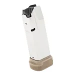 Springfield Hellcat Pro magazine, angled front view with white body, black follower and FDE base