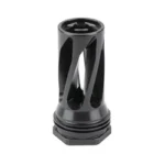 HUXWRX Safety Co. HUX Flash Hider QD 6, black angled view with open ports and threaded base