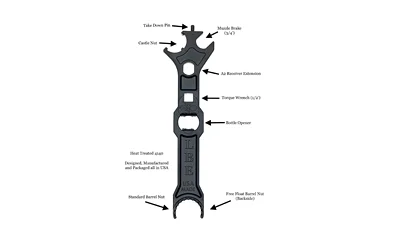 primary-10602 LBE AR15 Armorers Tool black multi-tool, front view with labeled wrench openings