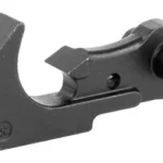 LBE AR15 HAMMER, angled side view of black metal hammer with pivot hole and hooked profile