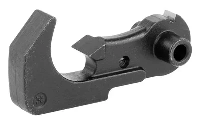 primary-10609 LBE AR15 HAMMER, angled side view of black metal hammer with pivot hole and hooked profile