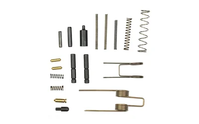 primary-10635 LBE AR ESSENTIALS KIT, assorted black and brass pins, springs and small parts arranged in rows