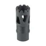 LBE FLASH HIDER TRI-PORTS 1/2X28 BLK, black flash hider with side ports and toothed rim, angled view