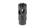 LBE FLASH HIDER TRI-PORTS 1/2X28 BLK, black flash hider with side ports and toothed rim, angled view