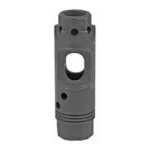 LBE AK47 MODERN BRAKE 14X1LH black cylindrical muzzle brake, front view with oval and round ports