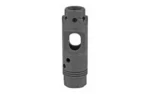 LBE AK47 MODERN BRAKE 14X1LH black cylindrical muzzle brake, front view with oval and round ports