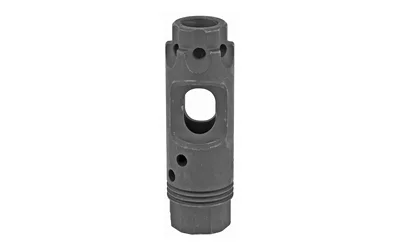 primary-10642 LBE AK47 MODERN BRAKE 14X1LH black cylindrical muzzle brake, front view with oval and round ports