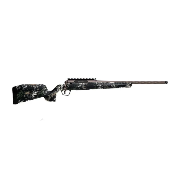 Savage Axis 2 Pro Forest SP Camo rifle, right-side view with mottled stock and fluted barrel