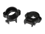 Burris Steel Signature Zee Ring Pairs, angled view of two black scope rings with mounting clamps