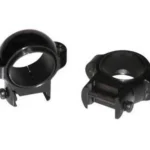Burris Steel Signature Zee Ring Pairs, angled view of two black scope rings with mounting clamps