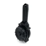 PROMAG FN 509 drum magazine, black front view with round drum and extended tower