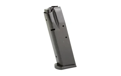 ProMag CZ-75 blue steel magazine, angled side view with witness holes and black baseplate
