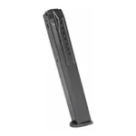 PROMAG RUGER SR9 black steel magazine, angled side view with witness holes