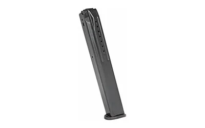 primary-10869 PROMAG RUGER SR9 black steel magazine, angled side view with witness holes