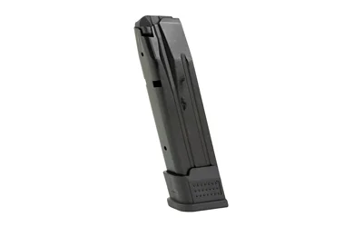 primary-10890 PROMAG SIG P320 9MM 20RD BLUE STEEL, black magazine in angled side view with black baseplate