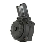 ProMag Ruger Mini 30 drum magazine, black angled front view with round drum and top tower