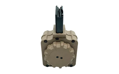 PROMAG FN SCAR17 tan drum magazine, front view with feed tower and ridged drum
