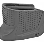Strike Mag Plate for Glock 43 black, angled side view with textured panels and flared base
