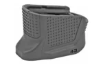 Strike Mag Plate for Glock 43 black, angled side view with textured panels and flared base