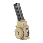 PROMAG FN FV SV tan drum magazine, angled view with black magazine tower