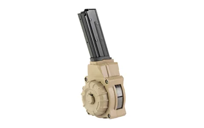 PROMAG FN FV SV tan drum magazine, angled view with black magazine tower
