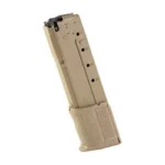 PROMAG FN FV SVN tan magazine in front three-quarter view with black fasteners and extended base