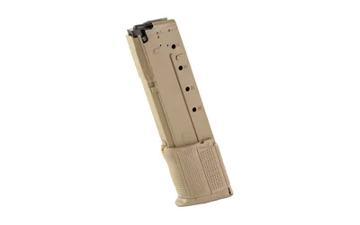 PROMAG FN FV SVN tan magazine in front three-quarter view with black fasteners and extended base