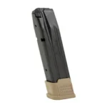 PROMAG SIG P320 9MM 21RD BLU ST/FDE, black magazine in angled side view with flat dark earth base
