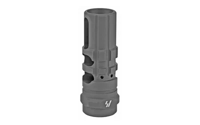 primary-10962 STRIKE JPN TYPE89 CMP 2.0 556, gray cylindrical compensator, angled side view with ports