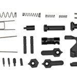 STRIKE AR15 ENHANCED LPK NO FCG black and metal lower parts, pins and springs arranged in top view