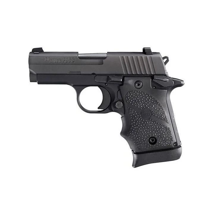 primary-1108 Sig Sauer P938 BRG, right-side view of black handgun with textured grip, sights and exposed hammer