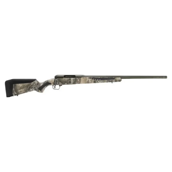 Savage Arms 110 Timberline Rifle in camouflage, full right-side view with black stock accents