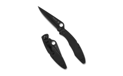 SPYDERCO POLICE SS BLK/BLK black folding knife shown open and closed with pocket clip
