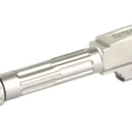 LANTAC 9INE FOR G43 silver barrel, angled side view with fluting and threaded muzzle